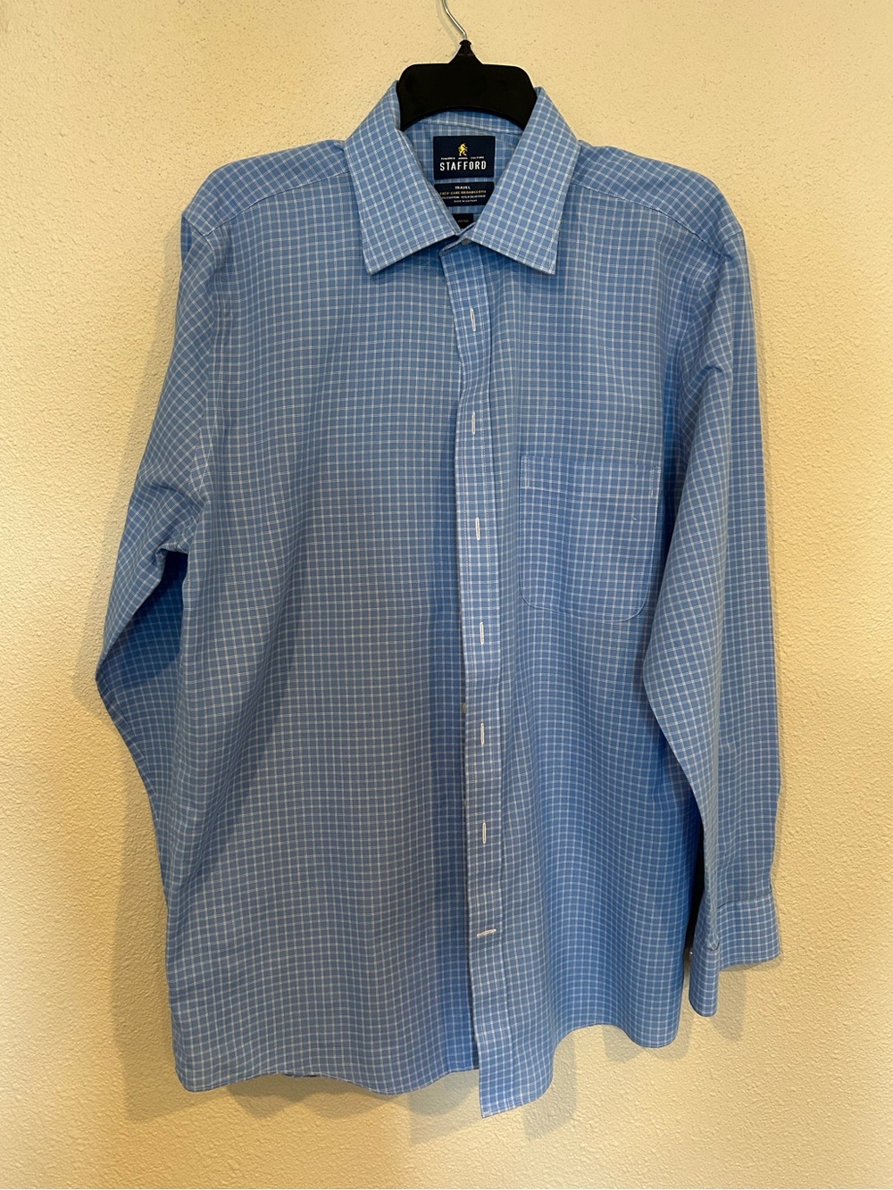 Stafford | Mens Light Blue Checked Travel Dress Shirt